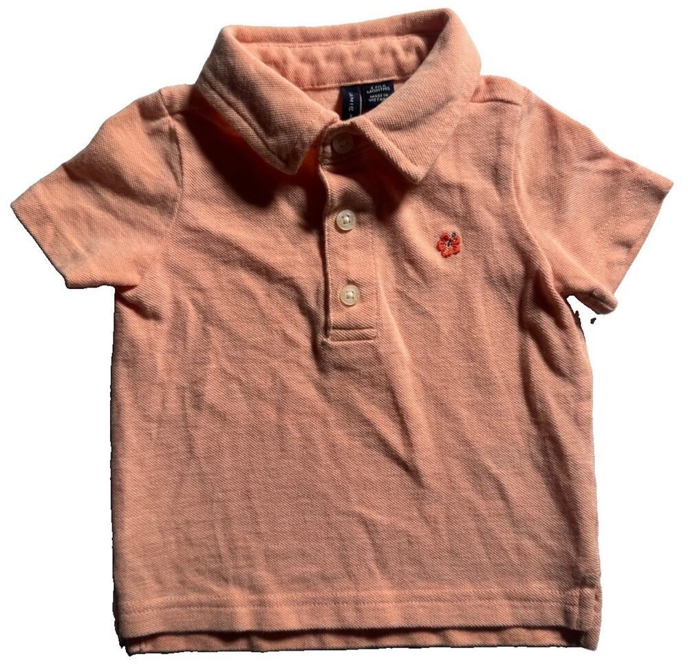 Janie and Jack Baby Boys 3-6 Months Coral Pink Polo Shirt Hibiscus Embroidered